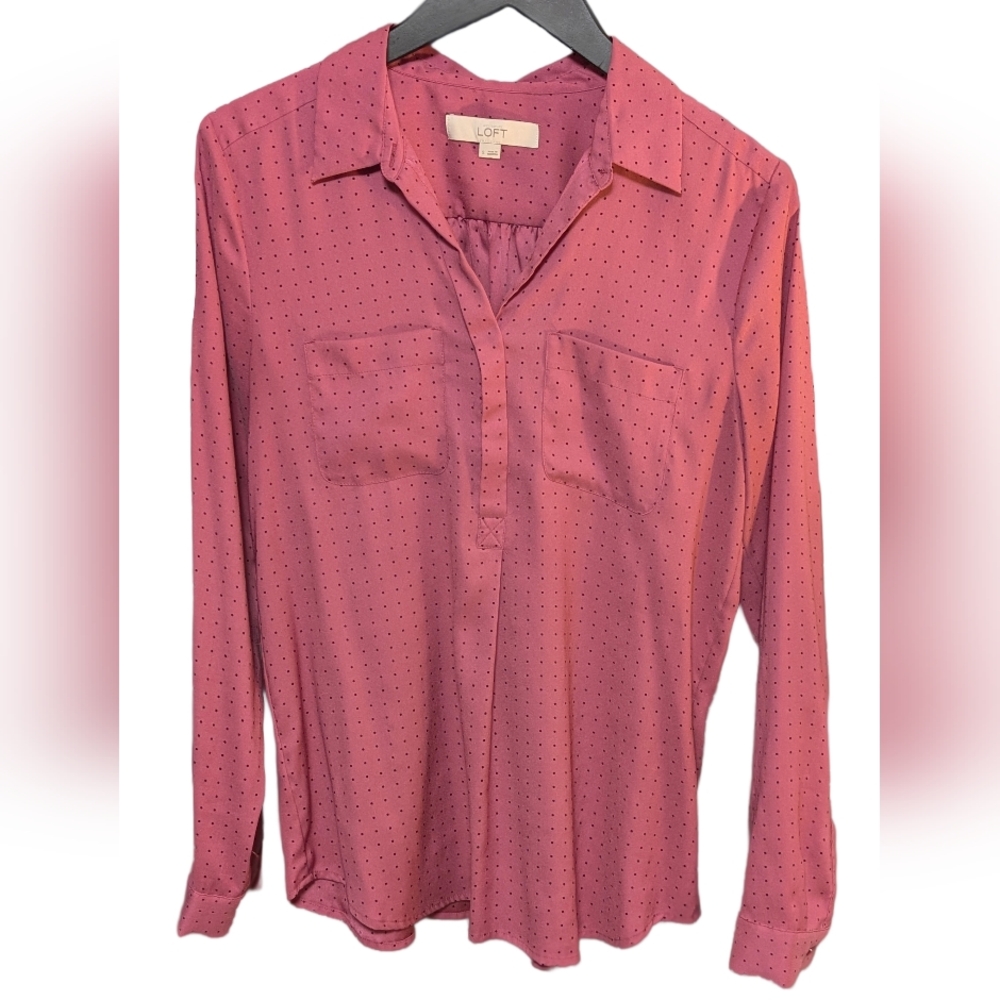 LOFT Rose Half Button Down Blouse w/ Tiny Polkadots